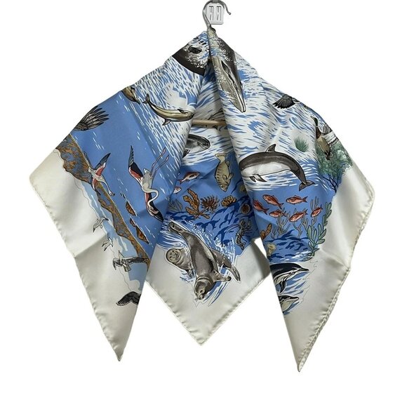 HERMES Carre 90 - White Light Blue Multi Scarf 252-072525 - Picture 1 of 5